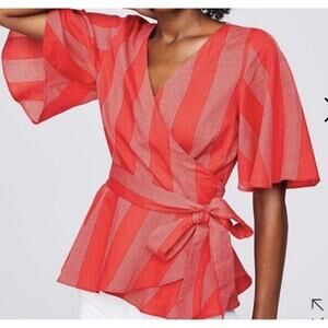 Loft Top Women's XS Petite Wrap Blouse Red Striped V Neck Flared Sleeves Tie
